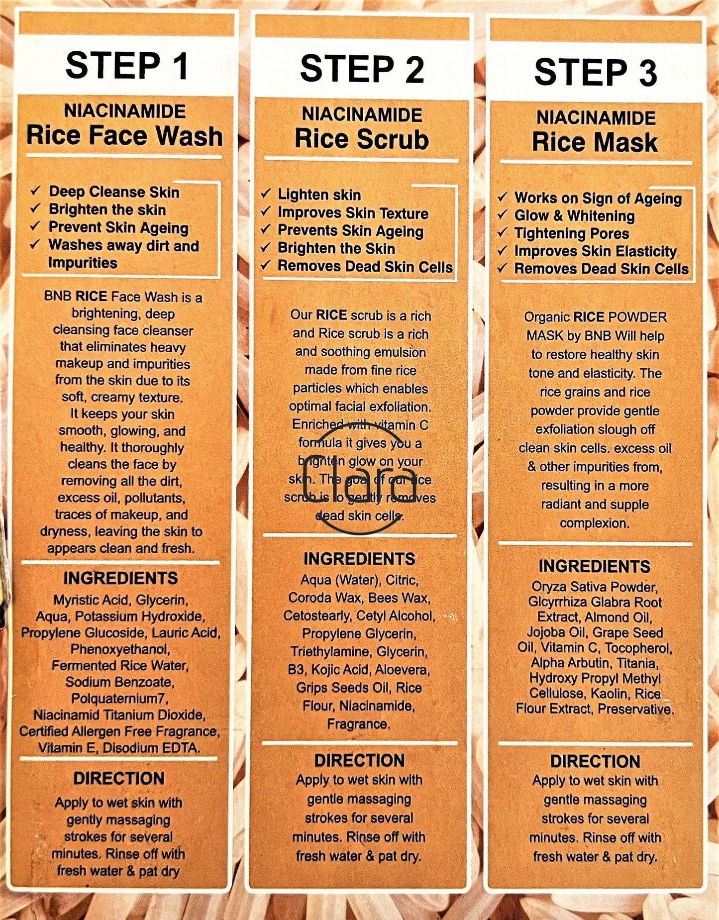 BNB Rice Facial Kit 3in1 Organic Brightening Glow Korean Face Scrub + Wash + Mask